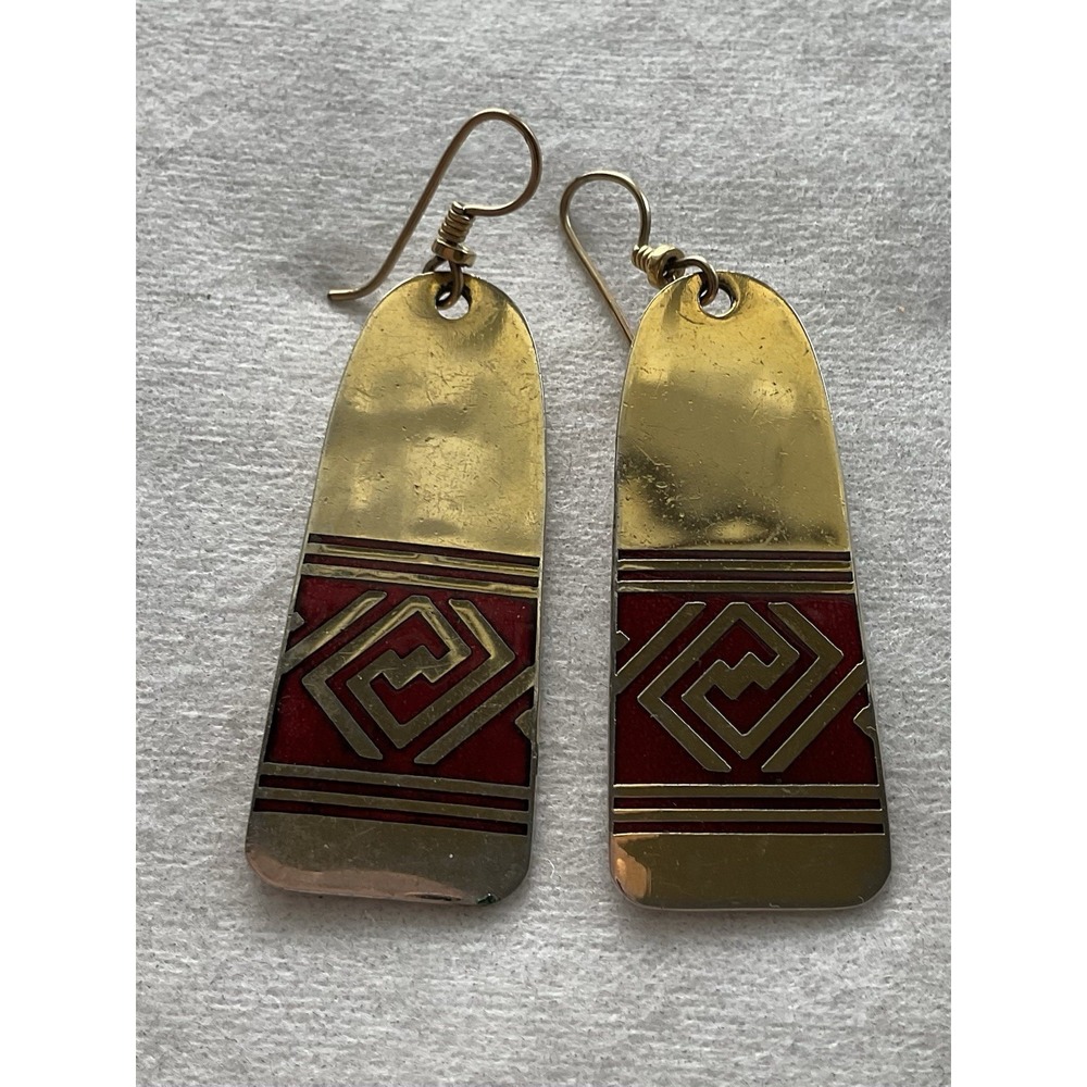Signed Laurel Burch Red And Gold Tone Dangle Earrings Vintage Estate Jewelry